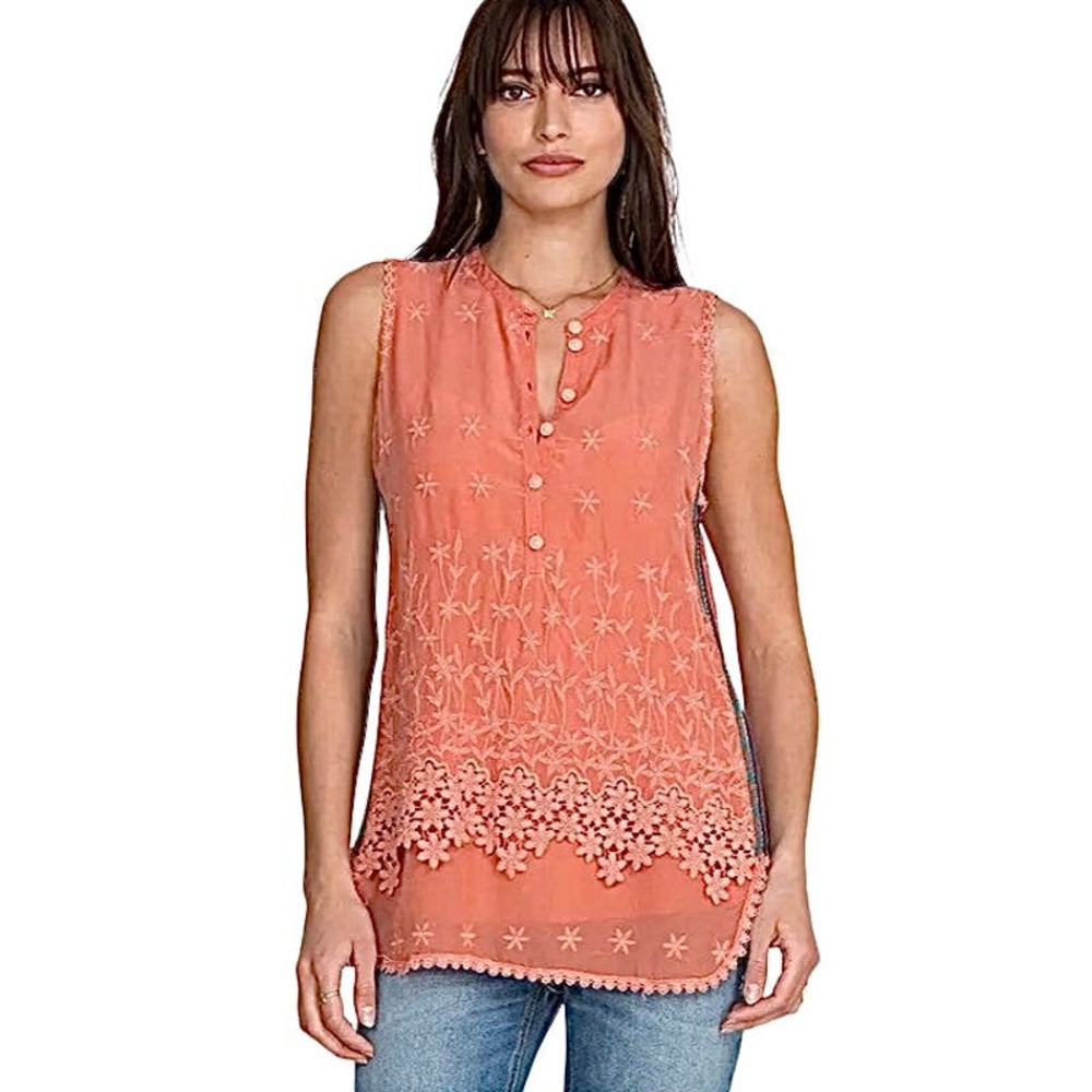 Johnny Was embroidered Malin tank, Ladies XS coral sleeveless floral boho top - Picture 2 of 14